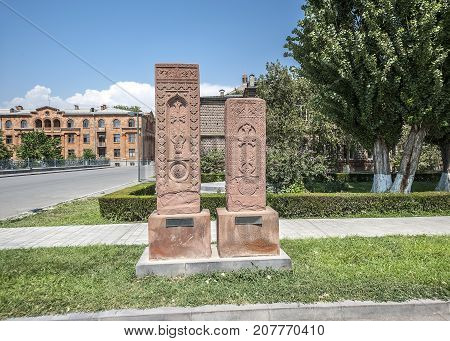 Echmiadzin Armenia. Ancient khachkars brought to the monastery from all over Armenia the sixteenth century from Jughi (inscription on the plate).