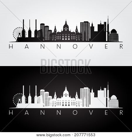 Hannover skyline and landmarks silhouette black and white design vector illustration.