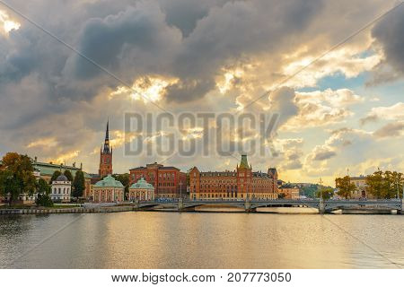 Stockholm city view from Vasabron bridge and sky with clouds