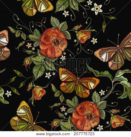Embroidery wild red roses and butterfly seamless pattern. Classic style embroidery beautiful red roses and summer butterfly seamless pattern vector. Fashionable template tapestry flowers renaissance