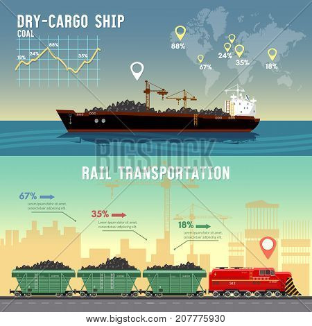 Logistics banner Cargo transportation. Delivery by railway lines. Tanker cargo ship transports coal sand. Logistics and transportation