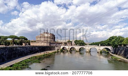 Rome, Lazio, Italy. May 25, 2017: Panoramic View Of The Castle Of San Angelo And The Bridge Of San A