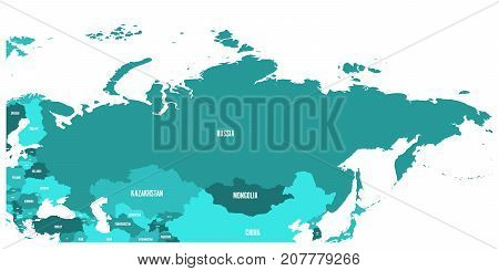 Political map of Russia and surrounding European and Asian countries. Four shades of turquoise blue map with white labels on white background. Vector illustration.