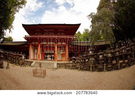 Nara , Japan September 16, 2017 Kasuga Shrine in Nara.
Kasuga Shrine is one of the most famous Shrine in Japan.
Kasuga Shrine is a beautiful shrine painted in red