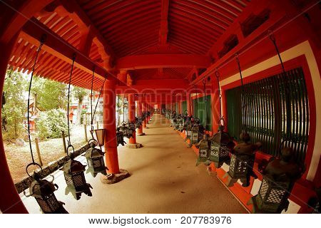 Nara , Japan September 16, 2017 Kasuga Shrine in Nara.
Kasuga Shrine is one of the most famous Shrine in Japan.
Kasuga Shrine is a beautiful shrine painted in red