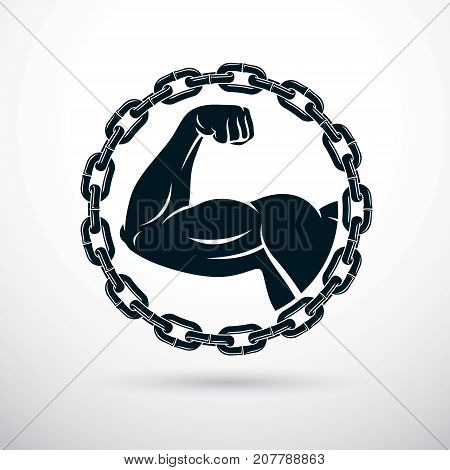 Athletic arm composed with iron chain symbol of strength lifter graphic vector illustration. Power lifting.