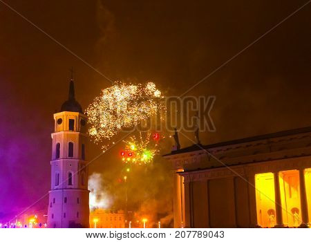 The main firework in Lithuania at New Year. The most interesting and popular viewpoint to historical disrict of Vilnius with Gediminius tower.