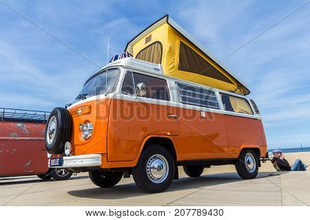 Scheveningen The Hague the Netherlands - 21 May 2017: VW kombi van at the beach