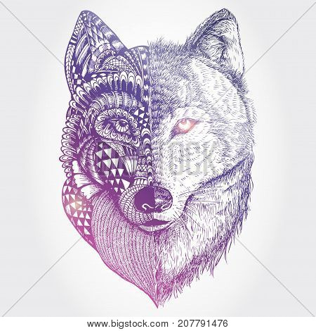 Hand drawn, Abstract wolf head illustration, Vector