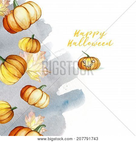 watercolor picture in a Halloween theme frame of pumpkins, leaves and a watercolor gray background with an inscription, autumn decor, autumn, illustration