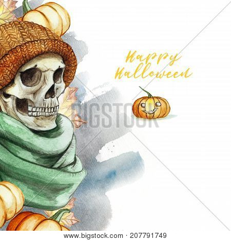 watercolor drawing in the theme of Halloween dull human skull in orange knitted warm woolen hat and green scarf, against the background of red pumpkins and autumn maple leaves, background watercolor
