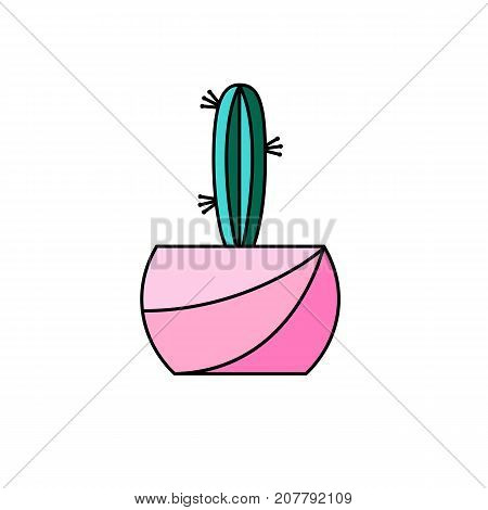 Succulent flat line vector icon. Cactus in pot illustration isolated on white background. Home plant image in thin linear minimalistic style.