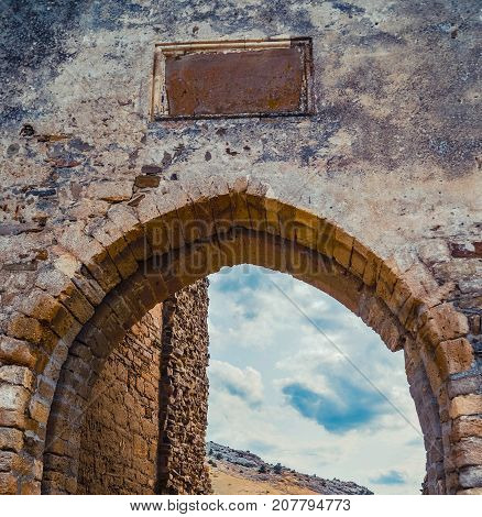Genoese fortress in Sudak, the Crimea Peninsula, Black sea. Consular castle and the fortification wall of the upper tier. Part of the wall, Museum-reserve 