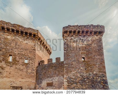 Genoese fortress in Sudak, the Crimea Peninsula, Black sea. Consular castle and the fortification wall of the upper tier. Part of the wall, Museum-reserve 