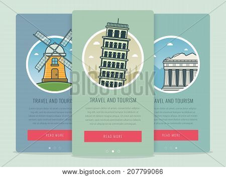 Travel composition with famous world landmarks Pisa, Athens, Kinderdijk. Travel and Tourism. Concept website template. Vector illustration