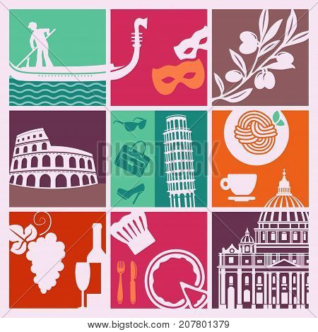 Traditional symbols of culture, the nature and food of Italy