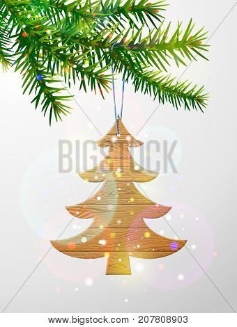 Christmas tree branch with decorative wooden pine tree. Wooden planks in shape of christmas tree hanging on pine twig. Vector image for christmas new years day decoration winter holiday tradition