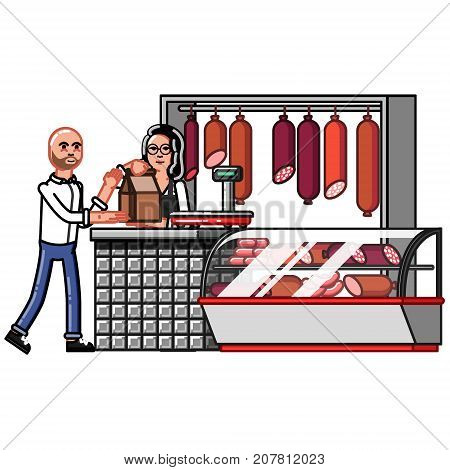 Customer buy something in meat store. Vector illustration, EPS 10