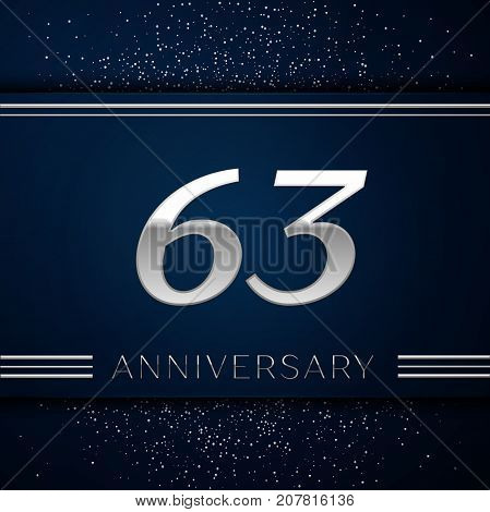 Realistic Sixty three Years Anniversary Celebration Logotype. Silver numbers and silver confetti on blue background. Colorful Vector template elements for your birthday party