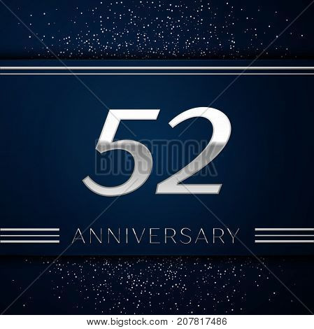 Realistic Fifty two Years Anniversary Celebration Logotype. Silver numbers and silver confetti on blue background. Colorful Vector template elements for your birthday party