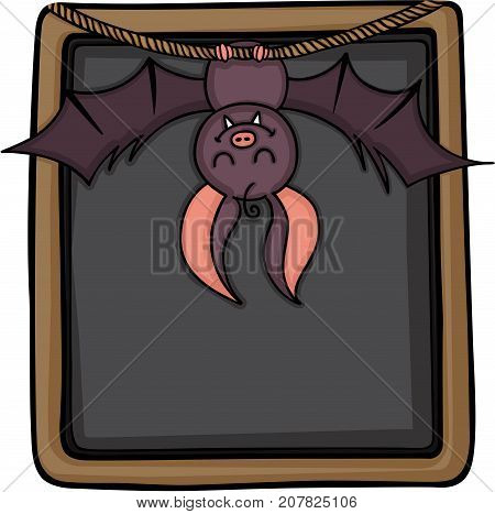Scalable vectorial image representing a happy bat hanging on blackboar, isolated on white.
