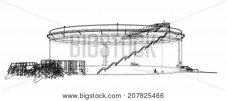 Oil storage tank. Vector rendering of 3d. Wire-frame style. The layers of visible and invisible lines are separated