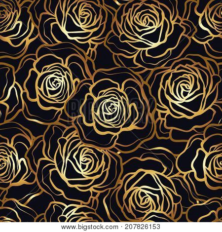 Rose flower seamless pattern. Gold roses on black background. Stock vector.