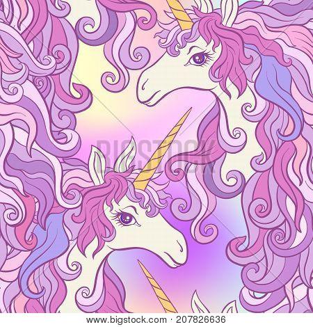 Unicorn with multicolored mane, butterfly rainbow, star and love heart. Seamless pattern in pink, purple colors. On a colorful background. Stock vector.