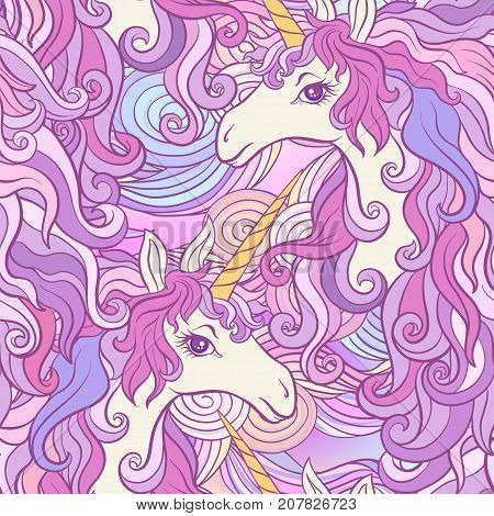 Unicorn with multicolored mane, butterfly rainbow, star and love heart. Seamless pattern in pink, purple colors. On a colorful background. Stock vector.