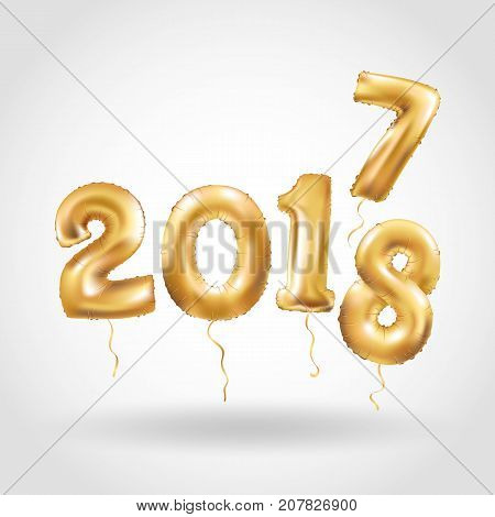 Happy New Year 2018 2017 year after year. Metallic Gold Balloons. Golden Letter Balloon, 2018 Happy new year, Gold Number, event, Balloons. Christmas celebration, decoration, golden sparkles.
