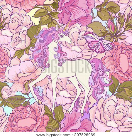 Unicorn with multicolored mane, butterfly rainbow, star and love heart. Seamless pattern. in purple and pink colors. On a colorful background. Stock vector.