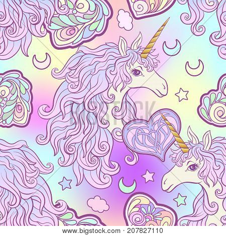 Unicorn with multicolored mane, butterfly rainbow, star and love heart. Seamless pattern in pink, purple colors. On a colorful background. Stock vector.