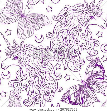 Unicorn with multicolored mane, butterfly rainbow, star and love heart. Seamless pattern. in purple colors. Outline hand drawing. Stock vector.