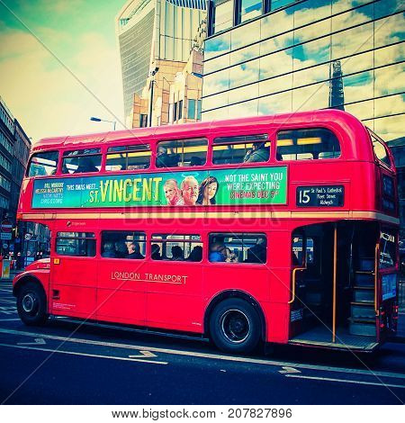 Red double bus in London, UK, 30/12/2015