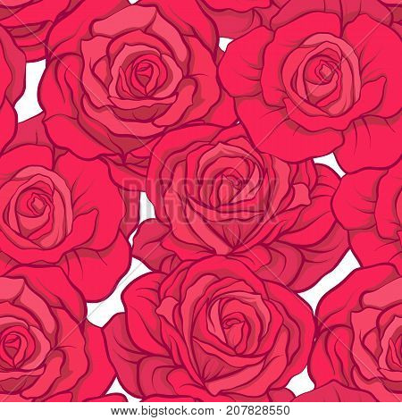 Seamless pattern with red roses on white background. Stock vector.