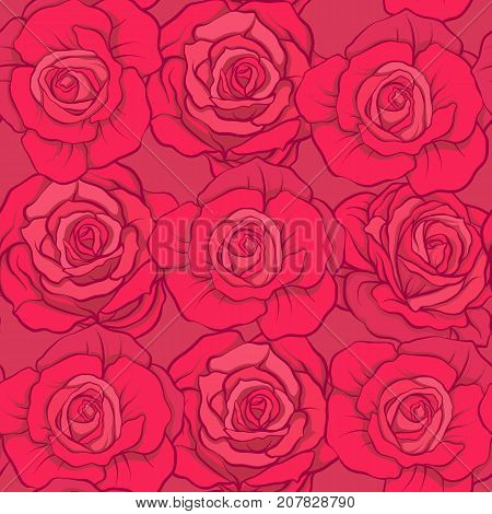 Seamless pattern with red roses on red background. Stock vector.