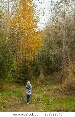 Little boy in autumn Park, the child goes on the trail in the woods, the beauty of the fall season, a happy childhood