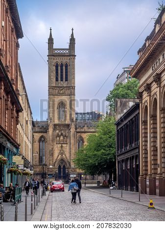 GLASGOW, SCOTLAND - JULY 21: View of Ramshorn Theatre down Candleriggs street on July 21, 2017 in Glasgow, Scotland. The theatre holds around 80 people