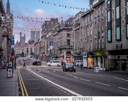 ABERDEEN, SCOTLAND - JULY 24: Union Street on July 24, 2017 in Aberdeen, Scotland. Union Street in the main street through the old part of Aberdeen.