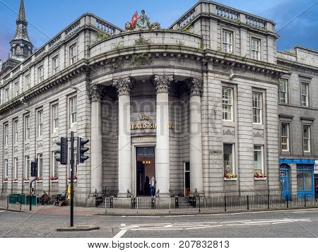 ABERDEEN, SCOTLAND - JULY 25: Facade of old buildings on Union Street on July 25, 2017 in Aberdeen Scotland.  Union Street is the historical centre of Aberdeen but it has been eclipsed by offices