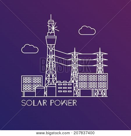 Thermal power station. Colorful illustration in a flat style. System with Concentrator photovoltaics, electrical generator and Solar power tower. One line design witn editable stroke