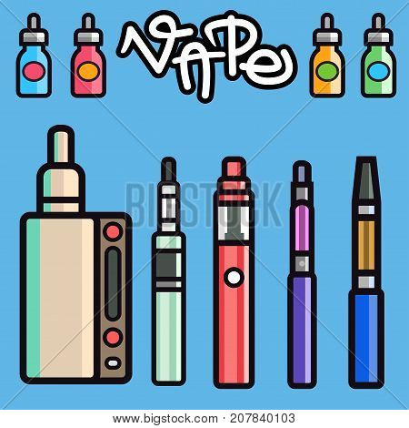Vape device vector set cigarette vaporizer vapor juice vape bottle flavor illustration battery coil. Trend new culture electronic nicotine liquid. Smoking atomizer device e-liquid.