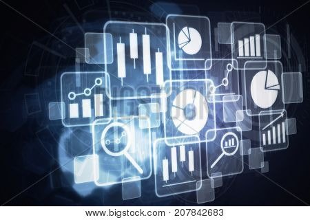 Side view of abstract glowing digital interface onblack background. Future concept. 3D Rendering