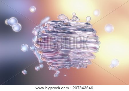 Golgi apparatus of the cell, close-up view, 3D illustration. Golgi apparatus is an organelle which has functions of cellular central delivery system