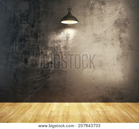 Modern grunge room interior with empty wall illuminated with ceiling lamp and wooden floor. Gallery copyspace exhibition concept. Mock up 3D Renderind