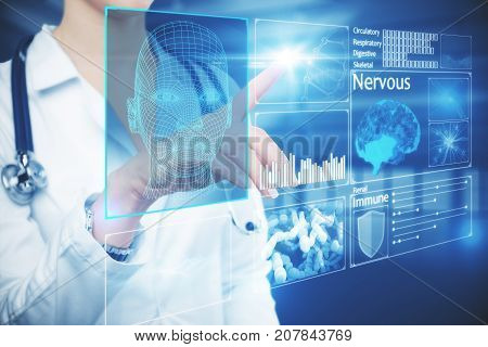 Female doctor hand pressing buttons on glowing digital intefac. Future concept. 3D Rendering