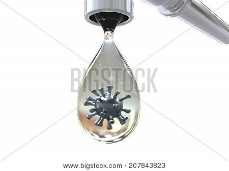 Safety of drinking water concept, 3D illustration showing tap with drop of water containing virus