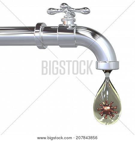 Safety of drinking water concept, 3D illustration showing tap with drop of water containing virus