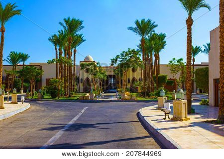 Sharm El Sheikh, Egypt - September 27, 2017: The main entrance and Grand Hotel Sharm El Sheikh 5 at Sharm El Sheikh, Egypt on September 27, 2017