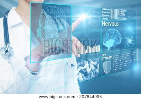 Female doctor hand pressing buttons on glowing digital intefac. Medicical innovation concept. 3D Rendering